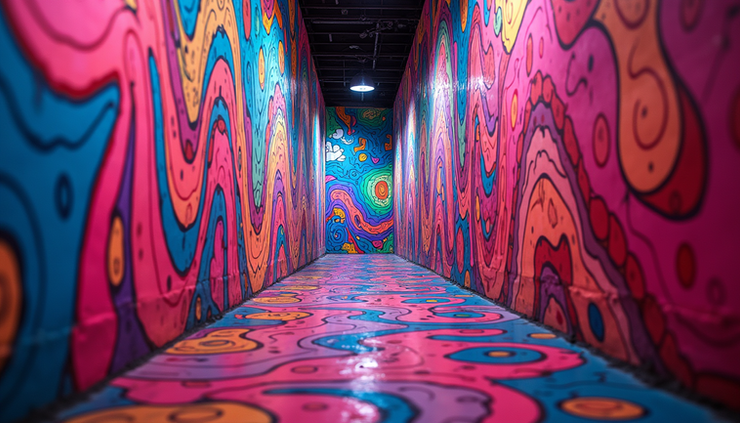 Eye-level view of a vibrant psychedelic mural with swirling patterns and bright colors