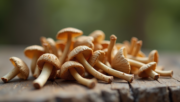 Close-up view of dried psilocybin mushrooms on a wooden surface