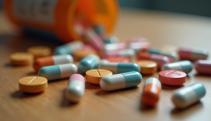 Close-up view of psychedelic capsules and tabs arranged on a wooden surface
