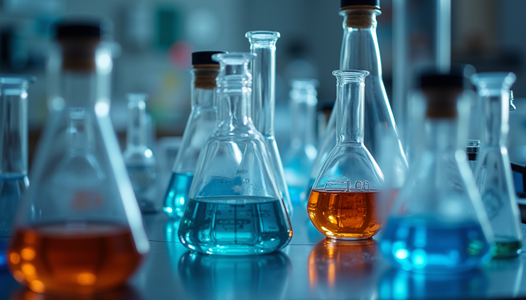 Close-up view of a laboratory setup with chemical glassware and psychedelic research materials