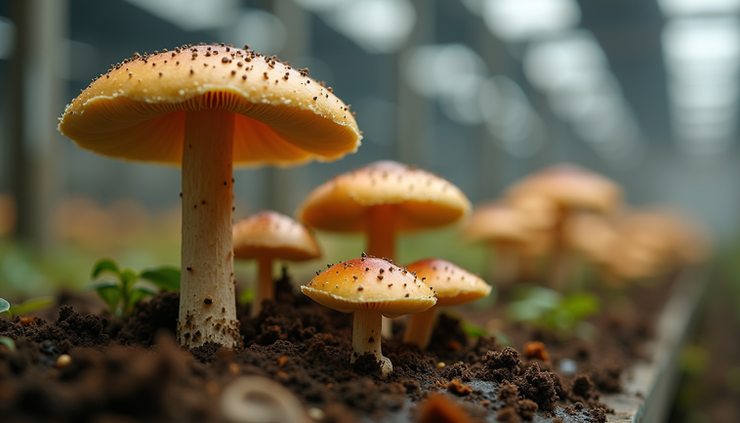Eye-level view of cultivated magic mushrooms growing in controlled indoor environment