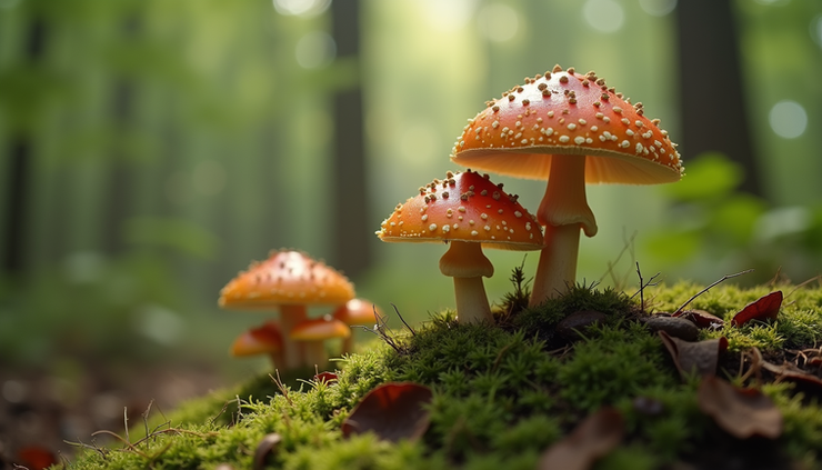 Close-up view of wild magic mushrooms growing naturally on forest floor