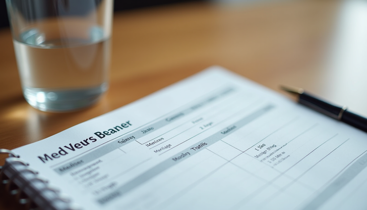 Close-up of a daily planner with a medication schedule and a glass of water