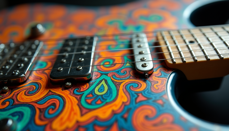 Close-up view of a vintage electric guitar with psychedelic paint patterns