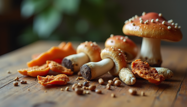 Eye-level view of a collection of psychedelic mushroom products arranged on a wooden surface