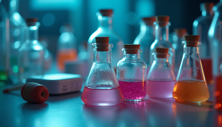 Eye-level view of a laboratory setup with psychedelic substances and research equipment