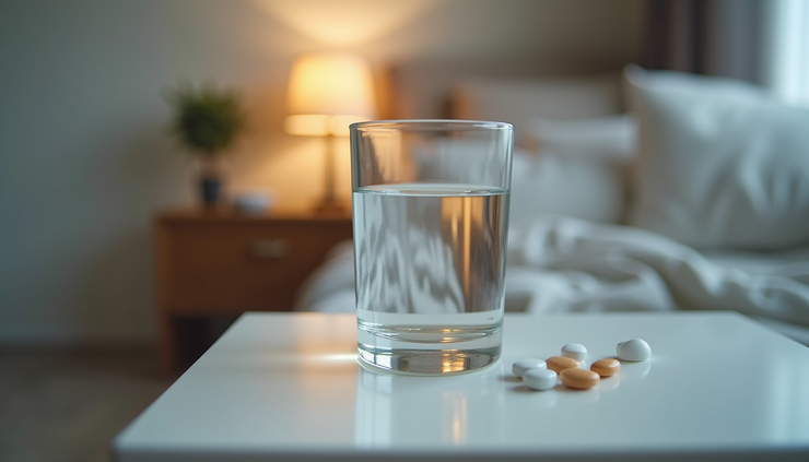 Eye-level view of a person holding a glass of water and medication pills on a bedside table