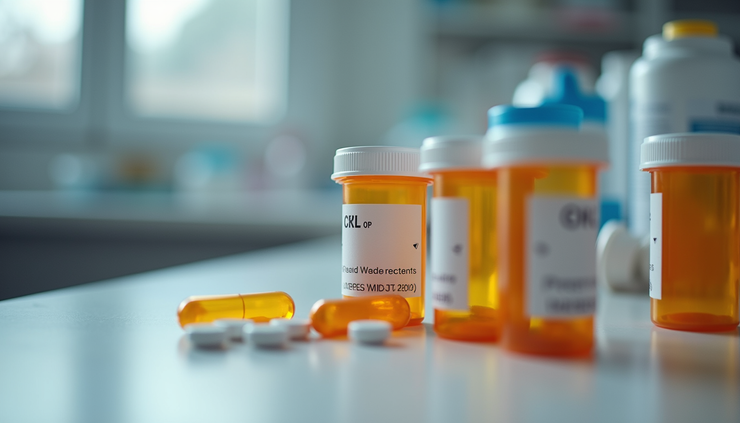 Close-up view of prescription medication bottles on a pharmacy counter