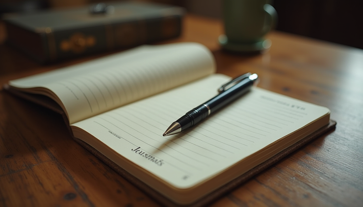 Eye-level view of a journal and pen on a wooden table, used for recording psychedelic experiences