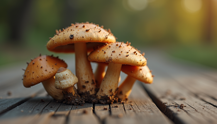 Close-up view of dried psychedelic mushrooms on a wooden surface