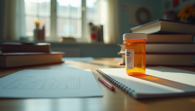 Eye-level view of a college dorm desk with textbooks and an empty Adderall XR bottle