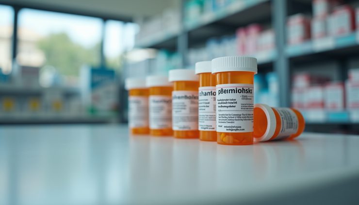 Eye-level view of prescription medication bottles on a pharmacy counter