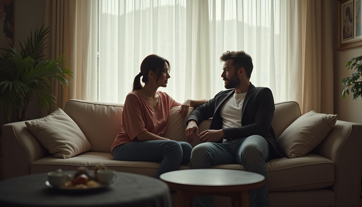 Eye-level view of a couple sitting on a couch having a calm conversation