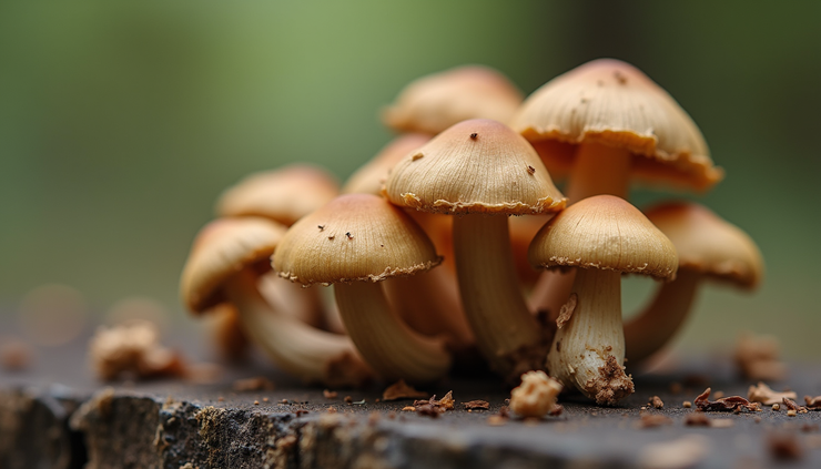 Close-up view of a small glass jar with dried psilocybin mushrooms on a wooden surface