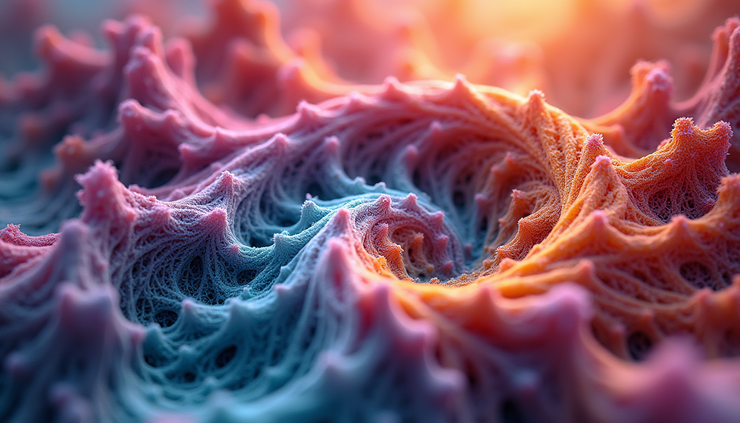 Close-up view of swirling colorful fractal patterns in psychedelic art