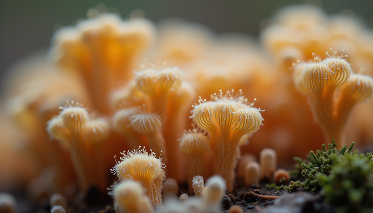 Close-up view of mushroom spores under a microscope