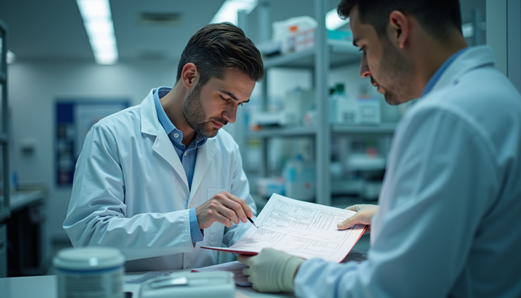 Eye-level view of a medical professional reviewing psychedelic research papers in a clinical setting