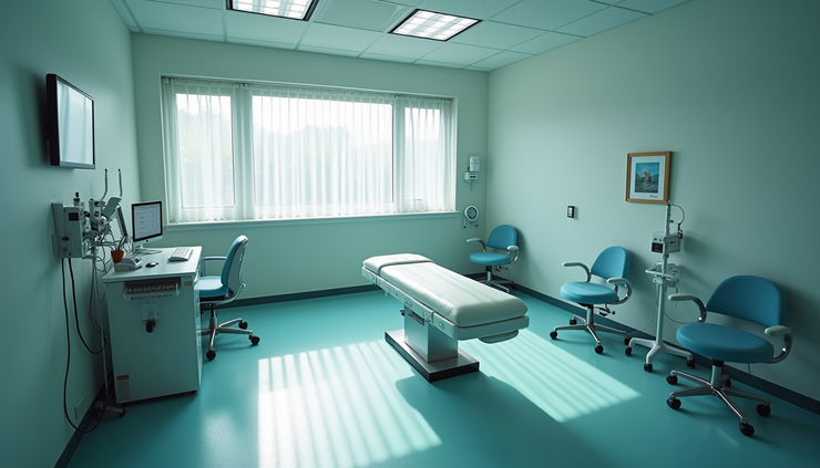 High angle view of a clinical research room with medical equipment for psychedelic therapy