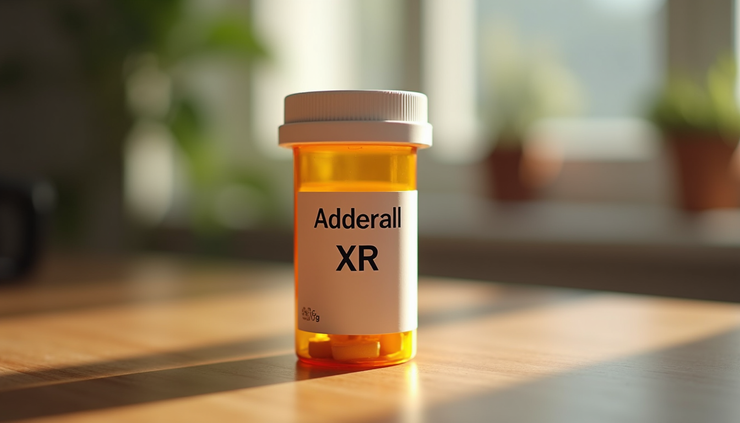 Close-up view of a prescription bottle labeled Adderall XR on a wooden table