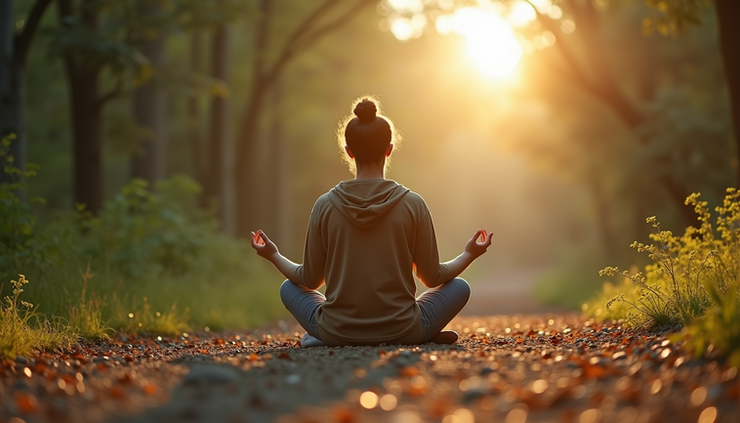 Close-up view of a person meditating in nature at eye level