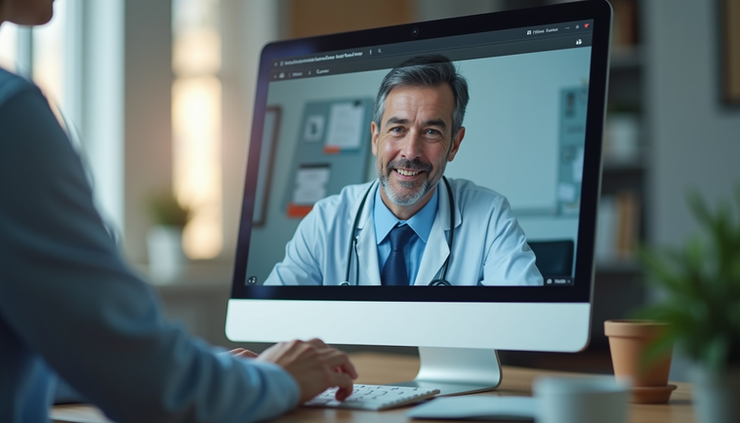 Eye-level view of a computer screen showing a telehealth consultation with a doctor