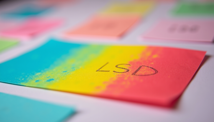 Eye-level view of colorful LSD blotter papers arranged on a table