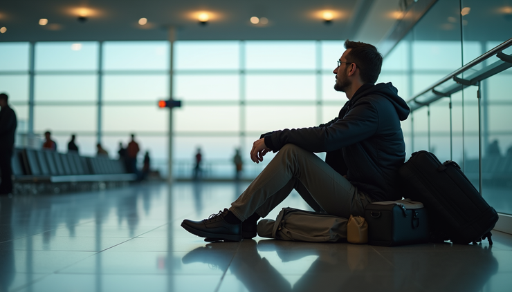 Eye-level view of a traveler sitting on airport floor with luggage, looking thoughtful