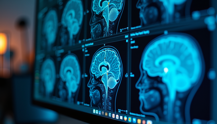Close-up view of a brain scan image on a computer screen analyzed by AI software