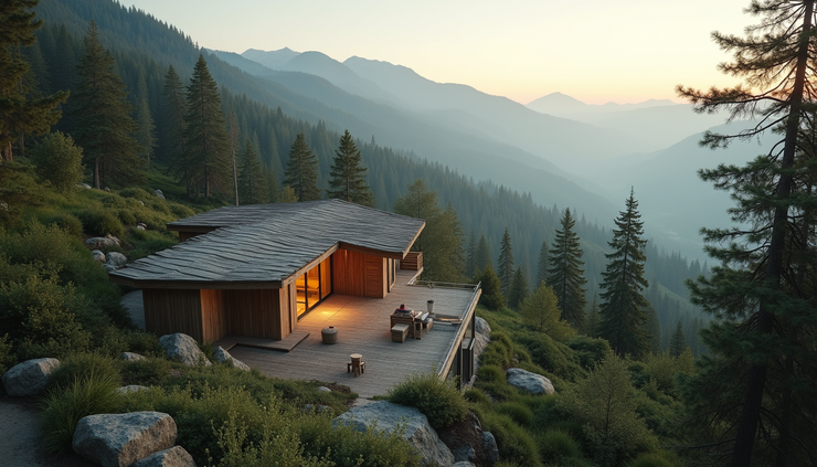 High angle view of a wellness retreat center surrounded by natural landscape