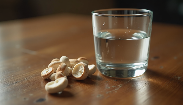 High angle view of a small dose of magic mushrooms next to a glass of water on a table