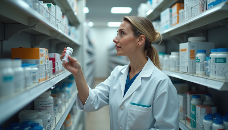 Eye-level view of a pharmacist checking medication inventory on shelves