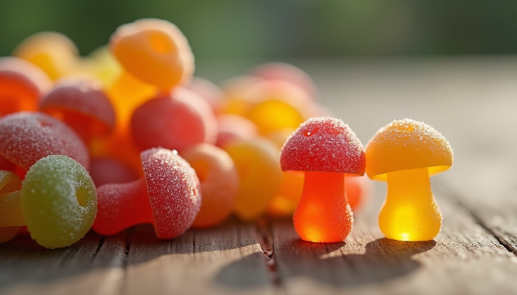 Close-up view of colorful mushroom gummies arranged on a wooden table