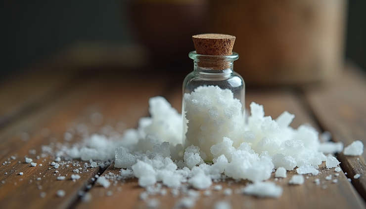 Close-up view of a small vial containing DMT crystals on a wooden surface