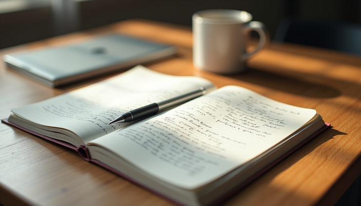 High angle view of a notebook with handwritten notes and a pen on a desk