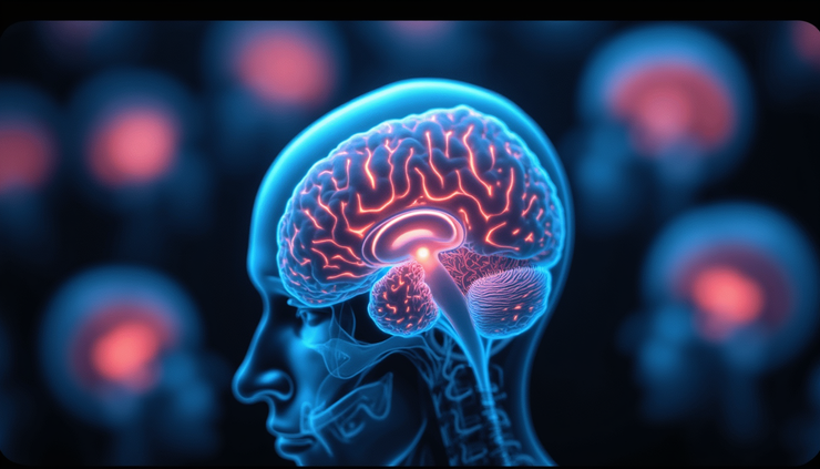 High angle view of brain scan images showing neural activity changes