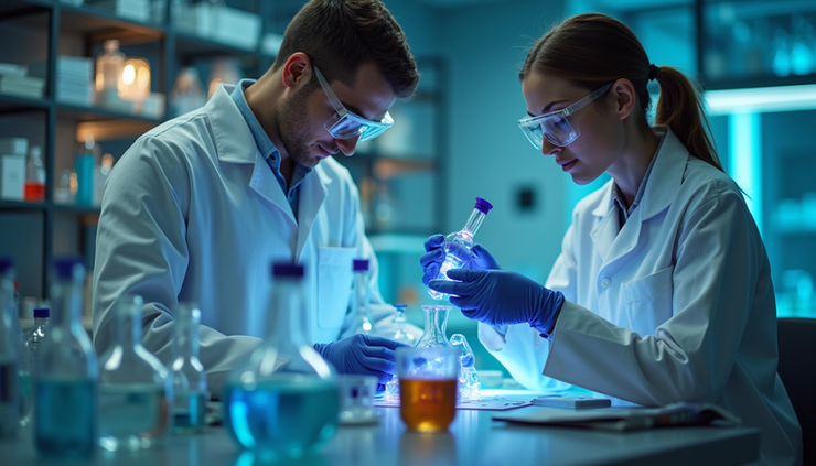 Eye-level view of a modern research laboratory with psychedelic compounds and scientific equipment
