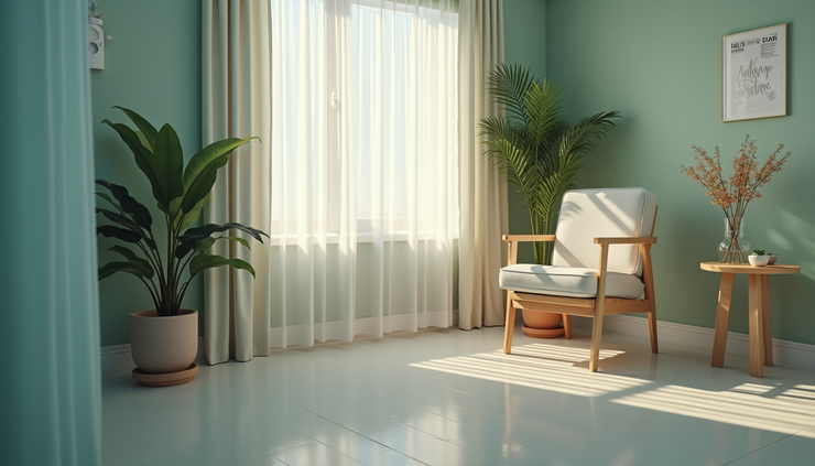 Close-up of a therapy room with calming decor and a single chair for psychedelic therapy