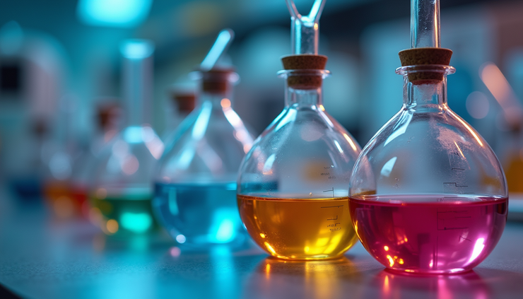 Eye-level view of a laboratory setup with scientific instruments and colorful chemical samples