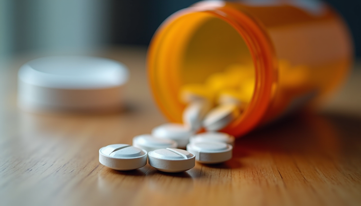 Close-up view of prescription pill bottle with Adderall XR capsules