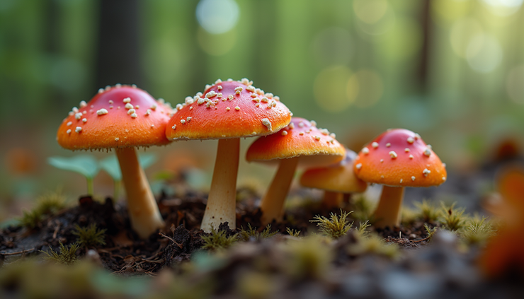 Close-up view of vibrant psychedelic mushrooms growing in a forest