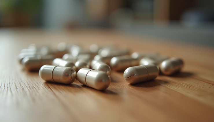 Close-up view of magnesium supplement capsules on a wooden surface