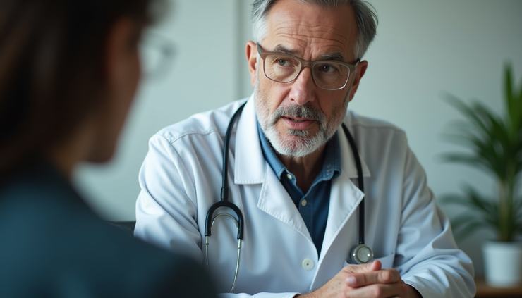 Close-up view of a doctor explaining psychedelic therapy options to a patient in a consultation room