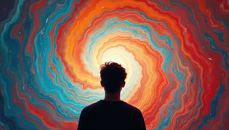Eye-level view of a person gazing at a colorful abstract pattern resembling a visual hallucination
