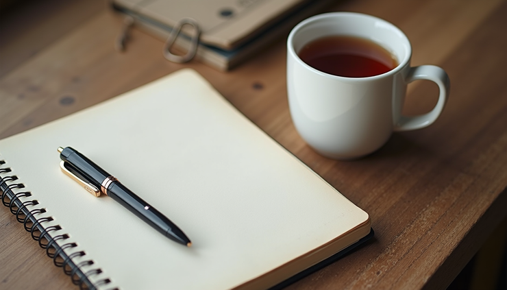 High angle view of a journal and pen on a wooden table next to a cup of tea