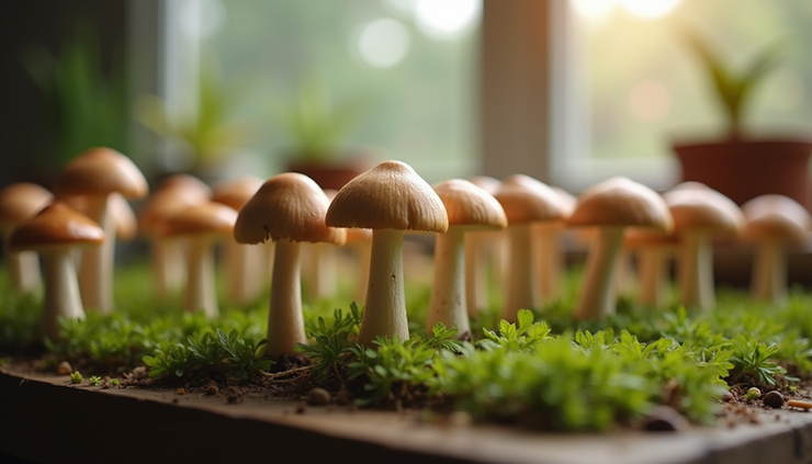 Close-up view of a mushroom grow kit with fresh mushrooms sprouting