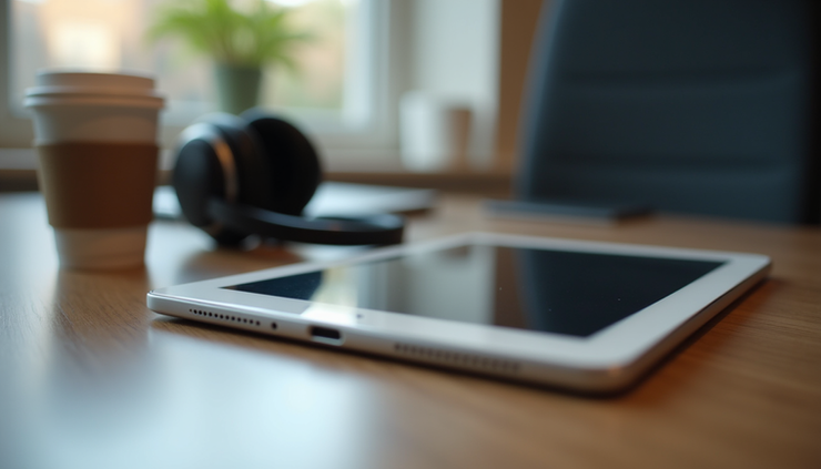 Close-up view of a digital professional’s desk with a tablet, headphones, and coffee cup