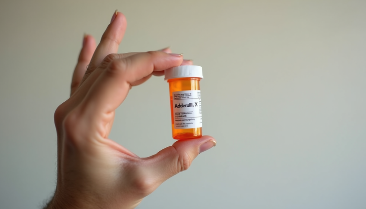 Eye-level view of a person holding a prescription bottle labeled Adderall XR
