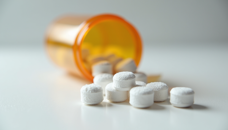 Close-up view of a pill bottle labeled Adderall XR with sugar cubes beside it