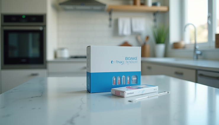 Eye-level view of a drug testing kit box and test strips on a kitchen counter