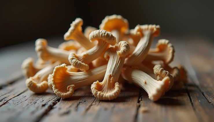 Close-up view of dried psilocybin mushrooms on a wooden surface